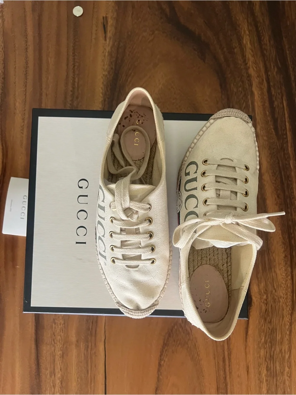Gucci Cream Canvas Platform Espadrille Sneakers with Red & Green Stripe